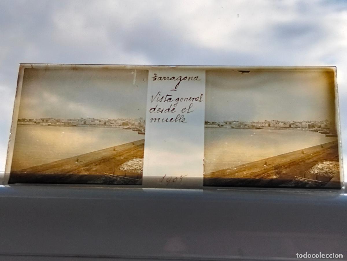 Antique Photography: TARRAGONA VISTA GENERAL DESDE EL MUELLE VISTA ESTEREOSCOPICA EN CRISTAL 4,5 X 10,5 CM