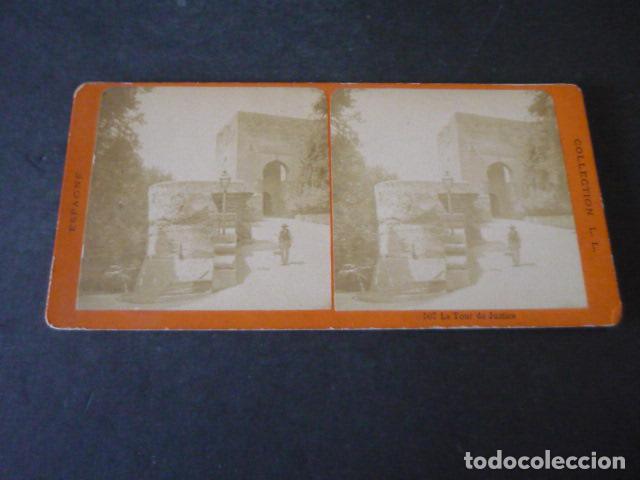 Alte Fotografie: GRANADA TORRE DE JUSTICIA VISTA ESTEREOSCOPICA ALBUMINA SIGLO XIX L.L. FOTOGRAFO