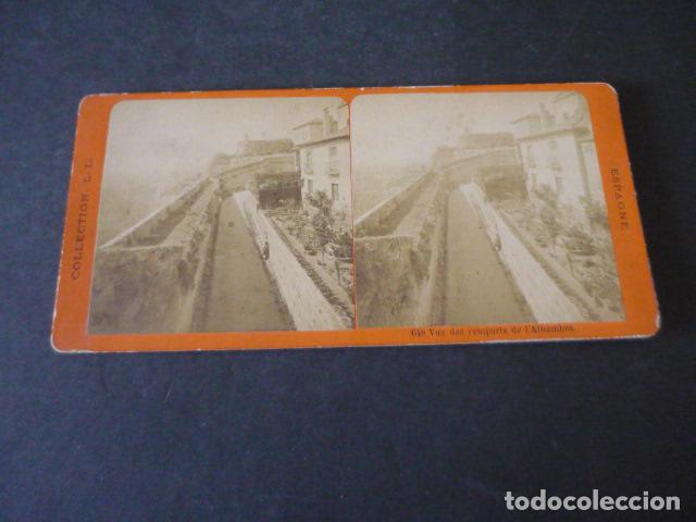 Fotograf&iacute;a antigua: GRANADA ALHAMBRA MURALLAS VISTA ESTEREOSCOPICA ALBUMINA SIGLO XIX L.L. FOTOGRAFO