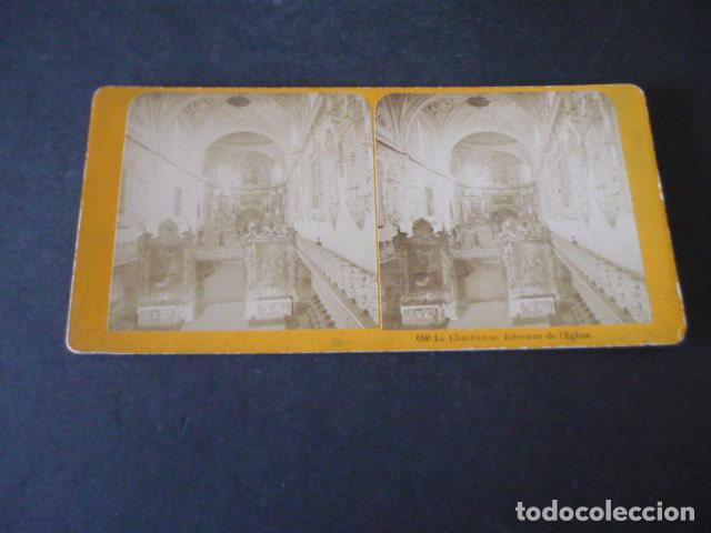 Fotografia antiga: GRANADA INTERIOR DE LA CARTUJA VISTA ESTEREOSCOPICA ALBUMINA SIGLO XIX L.L. FOTOGRAFO