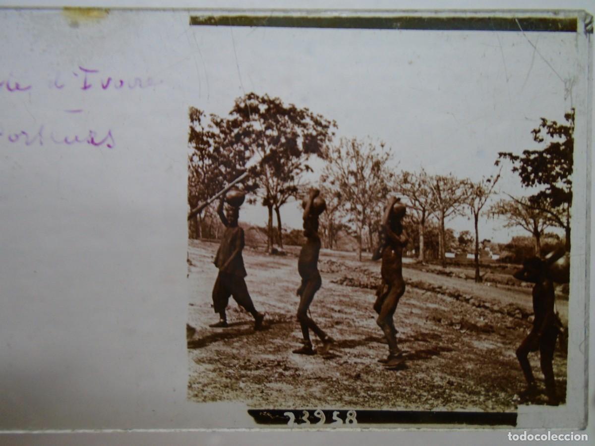 Fotograf&iacute;a antigua: COSTA DE MARFIL. PORTEADORES .PLACA ESTEREOSCOPICA EN CRISTAL,1&ordm; XX.10`5X4`5 CM.