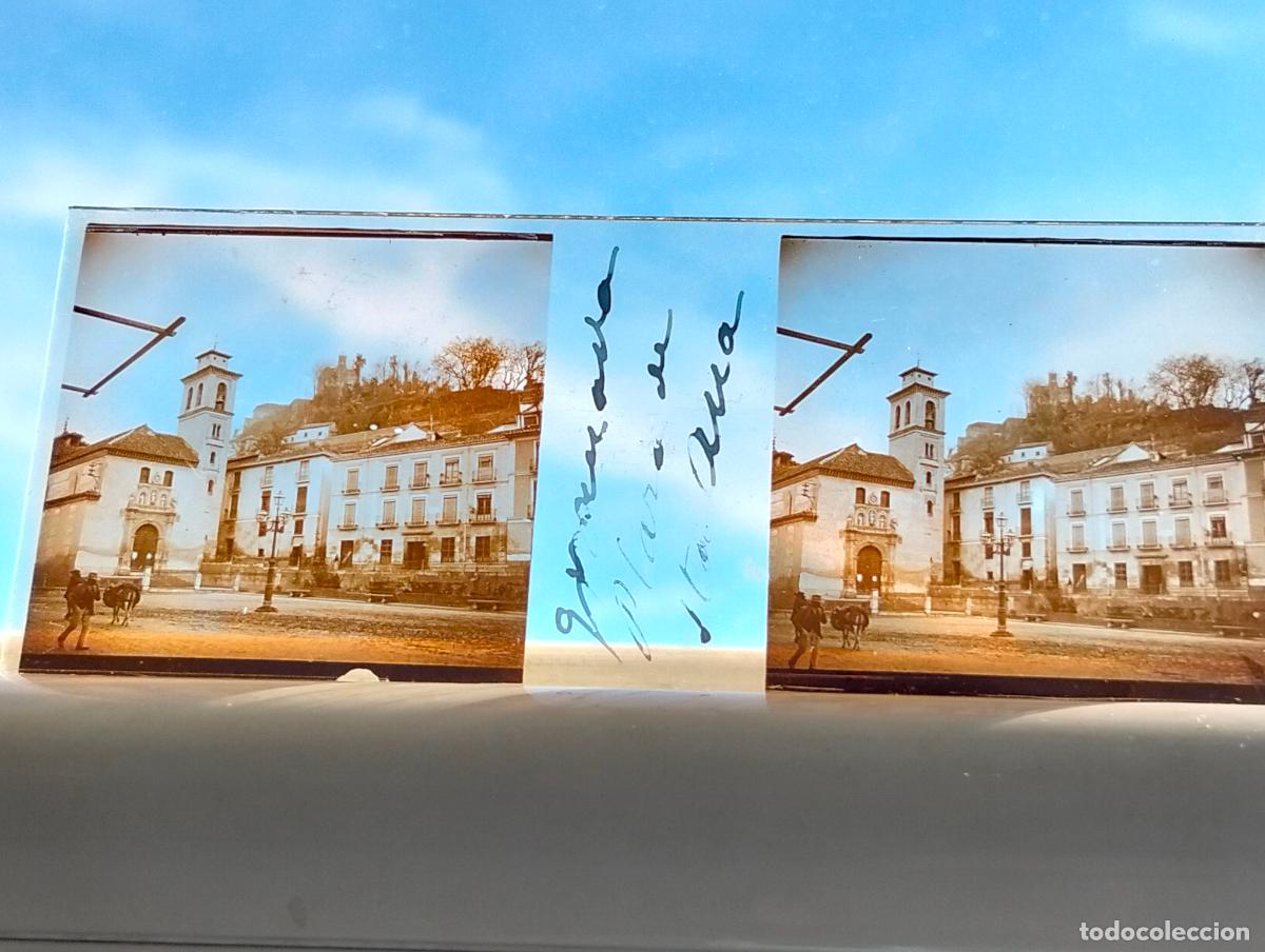 Antique Photography: GRANADA PLAZA DE SANTA ANA VISTA ESTEREOCOPICA EN CRISTAL 4 X 10,5 CM