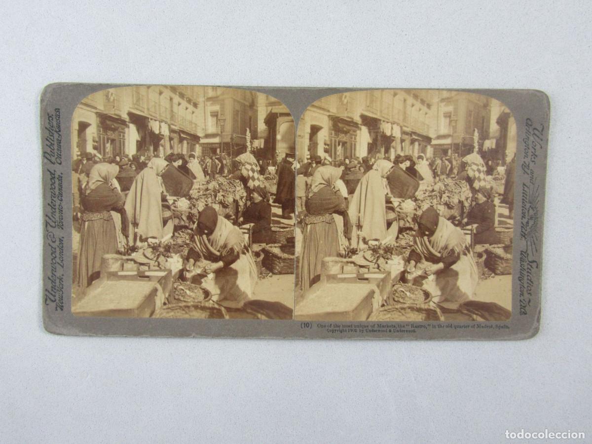 Fotograf&iacute;a antigua: Fotograf&iacute;a estereosc&oacute;pica del Mercado del Rastro en Madrid. Underwood Publishers. 1902.