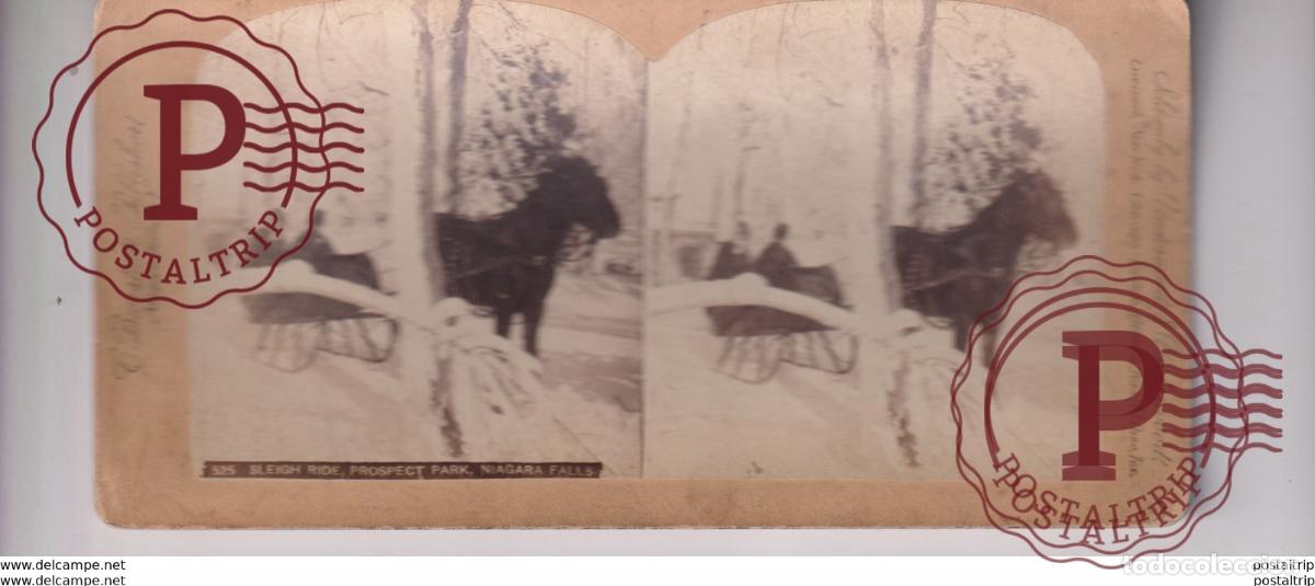 Fotograf&iacute;a antigua: SLEIGH RIDE PROSPECT PARK NIAGARA FALLS st&eacute;r&eacute;oscopique st&eacute;r&eacute;oscope carte photo st&eacute;r&eacute;o