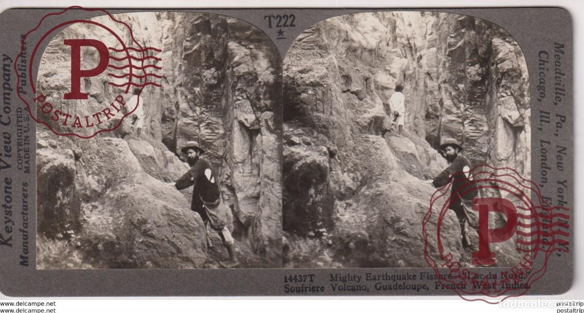 Photographie ancienne: MIGHTY EARTHQUAKE FISSURE. LAC DU NORD. GUADELOUPE. - KEYSTONE VIEW COMPANY. ESTEREOSCOPICA