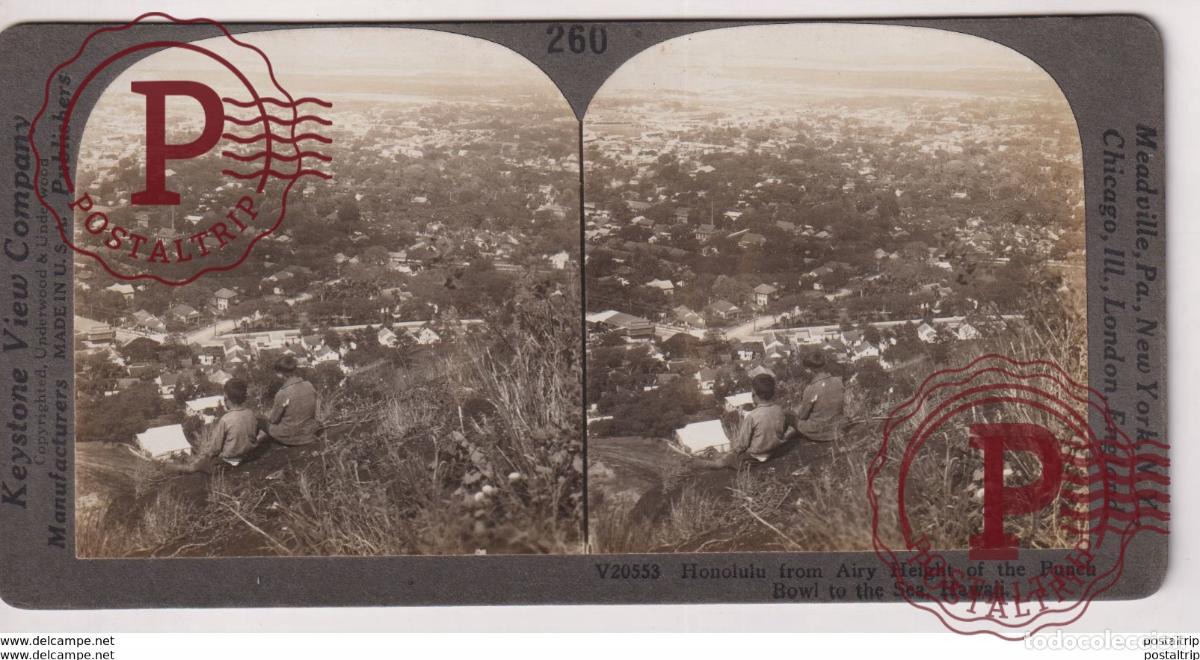 Photographie ancienne: HAWAII. HONOLULU FROM AIRY HEIGHT OF THE PUNCH BOWL TO THE SEA. - KEYSTONE VIEW COMPANY. ESTEREOSCOP