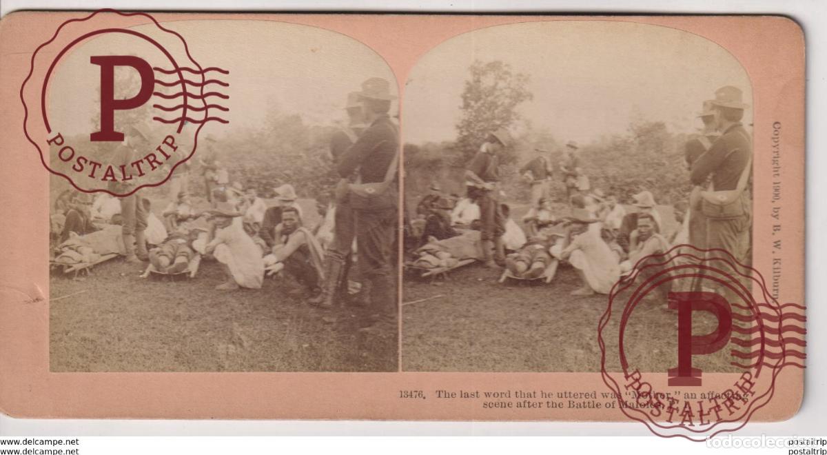 Alte Fotografie: THE LAST WORD THAT HE UTTERED WAS MOTHER AN AFFECTING SCENE THE BATTLE OF MALOLOS. ESTEREOSCOPICA