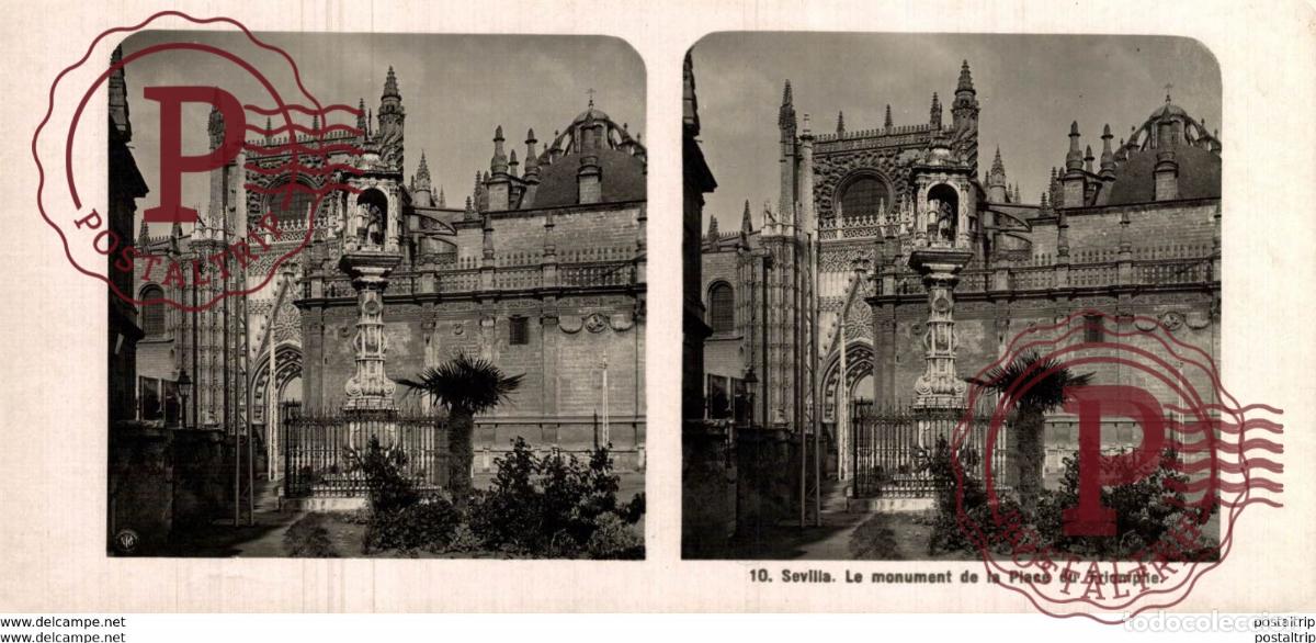 Alte Fotografie: ESPA&Ntilde;A SPAIN. SEVILLA. MONUMENTO DE LA PLAZA DEL TRIUNFO. ESTEREOSCOPICA