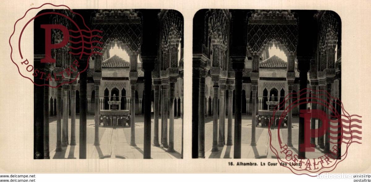 Alte Fotografie: ESPA&Ntilde;A SPAIN. GRANADA. ALHAMBRA. PATIO DE LOS LEONES. - ESTEREOSCOPICA