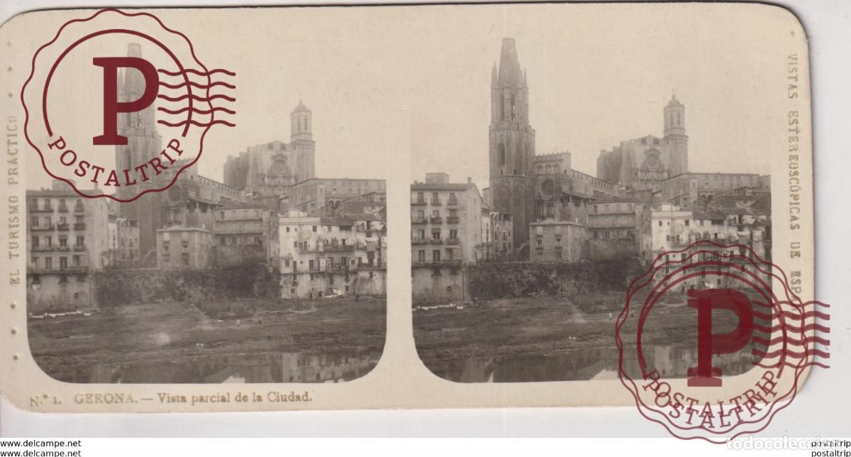 Alte Fotografie: ESPA&Ntilde;A SPAIN. GERONA. VISTA PARCIAL DE LA CIUDAD. - ESTEREOSCOPICA
