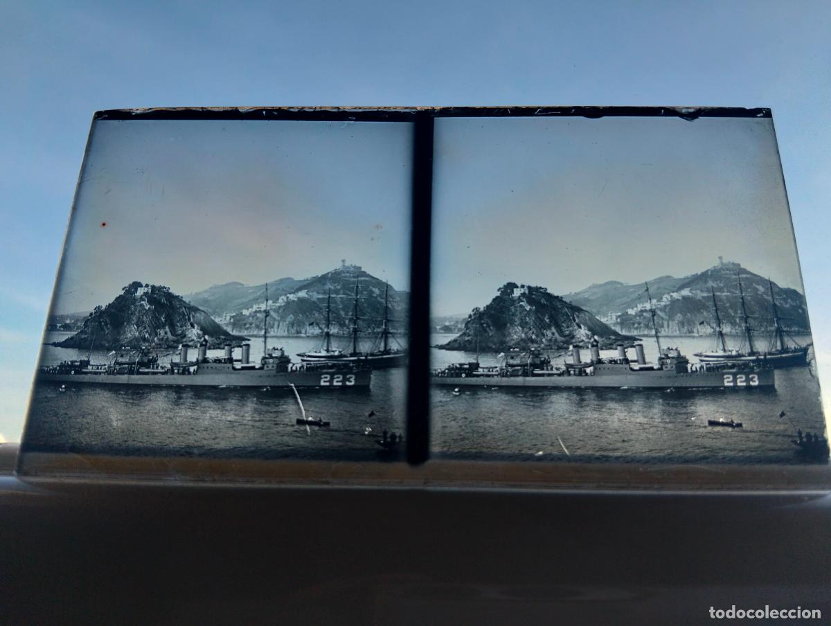 Fotograf&iacute;a antigua: SAN SEBASTIAN CRUCERO DE LA ARMADA VISTA ESTEREOSCOPICA EN CRISTAL 6 X 13 CM