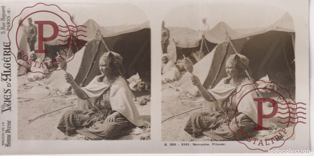 Fotograf&iacute;a antigua: VUES DALGERIE. ARGELIA. NOMADES. FILEUSE. ESTEROSCOPICA ST&Eacute;R&Eacute;OSCOPIQUE STEREOSCOPIC +- 17.5X9CM
