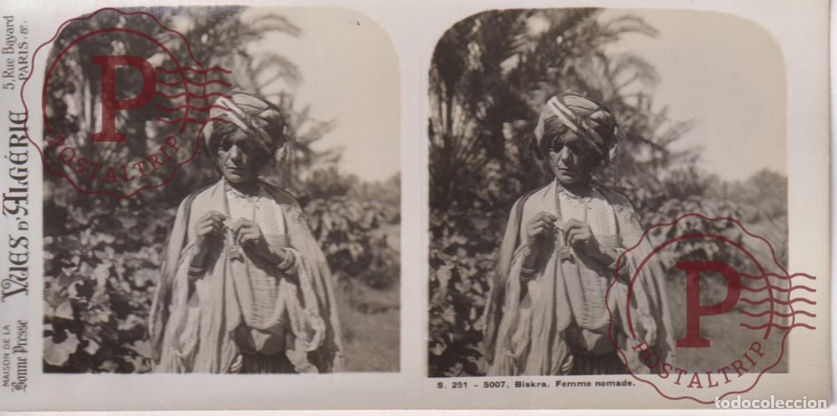 Fotograf&iacute;a antigua: VUES DALGERIE. ARGELIA. BISKRA. FEMME NOMADE. ESTEROSCOPICA ST&Eacute;R&Eacute;OSCOPIQUE STEREOSCOPIC +- 17.5X9CM