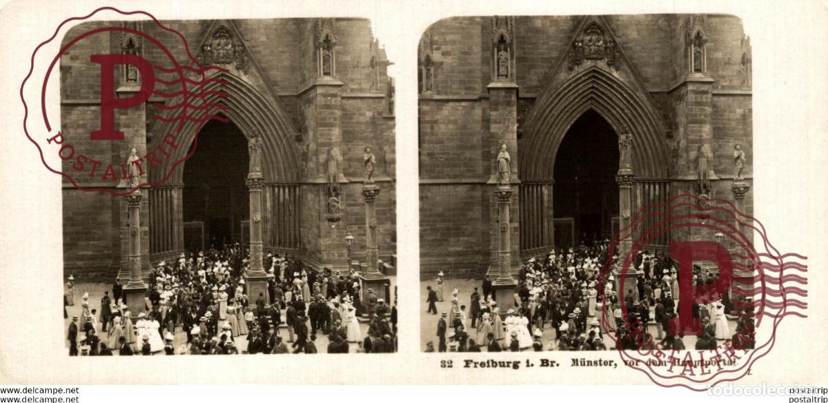 Photographie ancienne: FREIBURG I. BR. MUNSTER, VOR DEM HAUPTPORTAL - ESTEREOSCOPICA - ST&Eacute;R&Eacute;OSCOPIQUE - STEREOSCOPIC