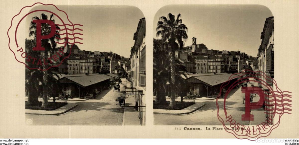 Antique Photography: FRANCIA FRANCE. CANNES. LA PLACE DU MARCHE - ESTEREOSCOPICA - ST&Eacute;R&Eacute;OSCOPIQUE - STEREOSCOPIC
