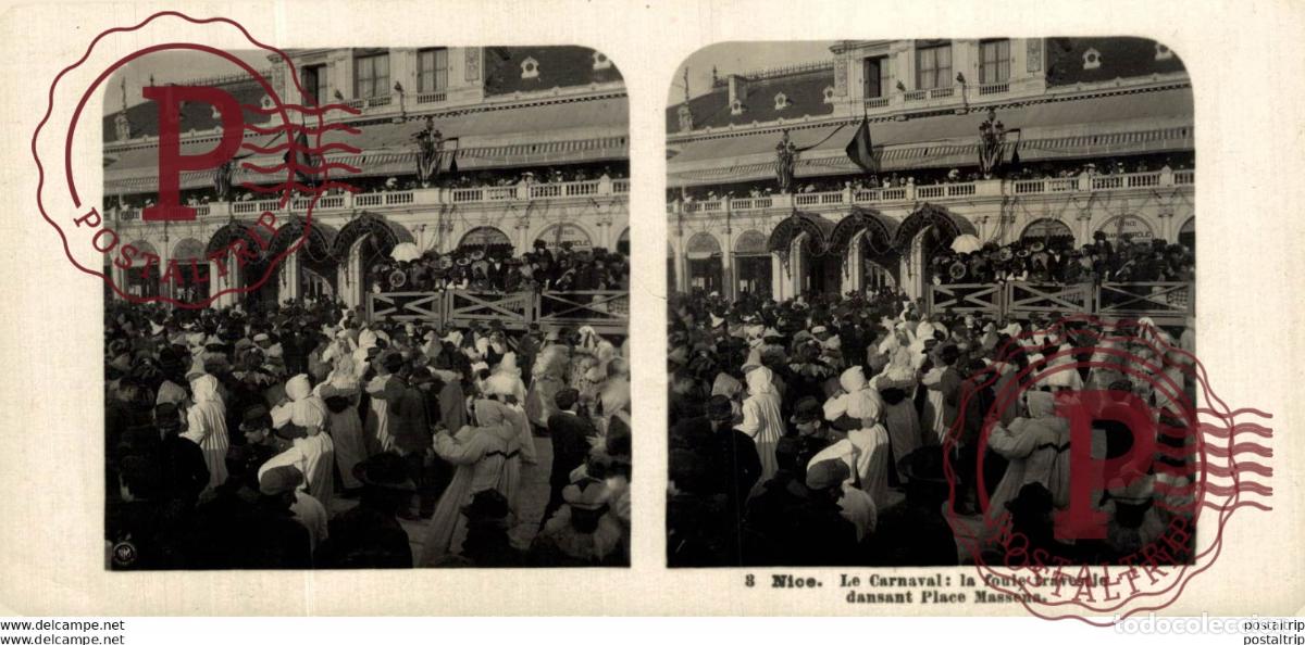 Fotografia antiga: FRANCIA FRANCE. NICE. LE CARNAVAL LA FOULE TRAVESTI DANSANT PLACE MASS - ESTEREOSCOPICA - ST&Eacute;R&Eacute;OSCO