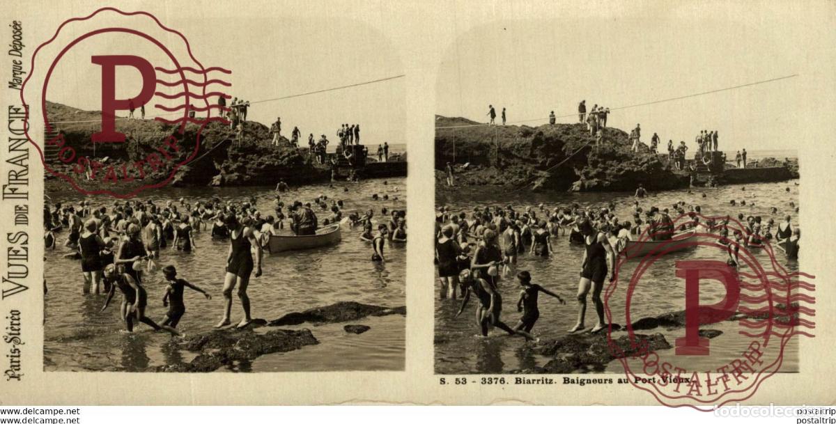 Fotografia antica: FRANCIA. FRANCE. BIARRITZ. BAIGNEURS AU PORT VIEUX. - ESTEREOSCOPICA - ST&Eacute;R&Eacute;OSCOPIQUE - STEREOSCOP