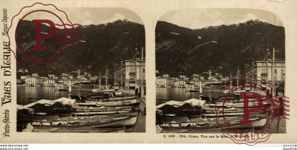 Fotografia antica: ITALIA. ITALY. CAPRI. COME. VUE SUR LE QUAI ET BRUNATE - ESTEREOSCOPICA - ST&Eacute;R&Eacute;OSCOPIQUE - STEREOSC