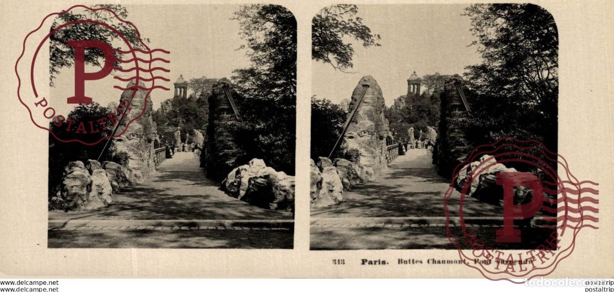 Alte Fotografie: FRANCIA FRANCE. PARIS. BUTTES CHAUMONT. PONT SUSPENDU -ESTEREOSCOPICA - ST&Eacute;R&Eacute;OSCOPIQUE - STEREOSCOP