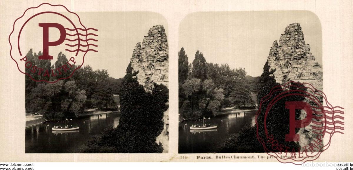 Alte Fotografie: FRANCIA FRANCE. PARIS. BUTTES CHAUMONT. VUE PRISE DU PONT SUSPENDU -ESTEREOSCOPICA - ST&Eacute;R&Eacute;OSCOPIQUE