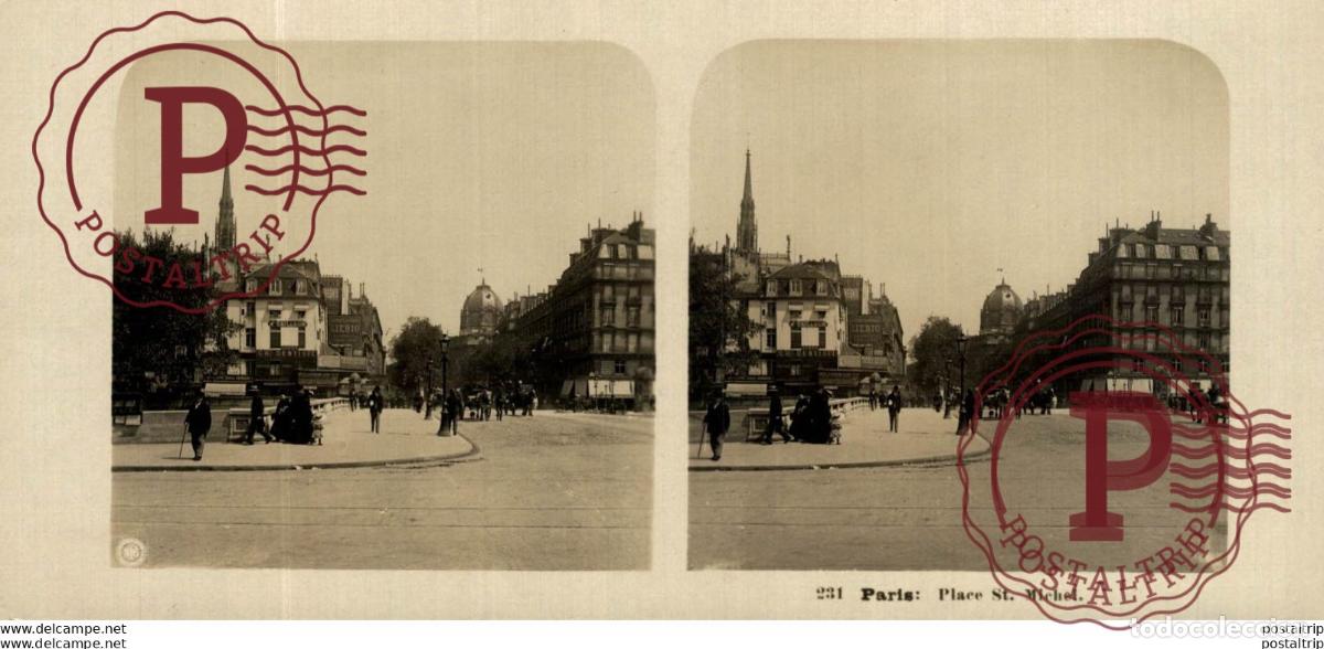 Alte Fotografie: FRANCIA FRANCE. PARIS. PLACE ST MICHEL -ESTEREOSCOPICA - ST&Eacute;R&Eacute;OSCOPIQUE - STEREOSCOPIC