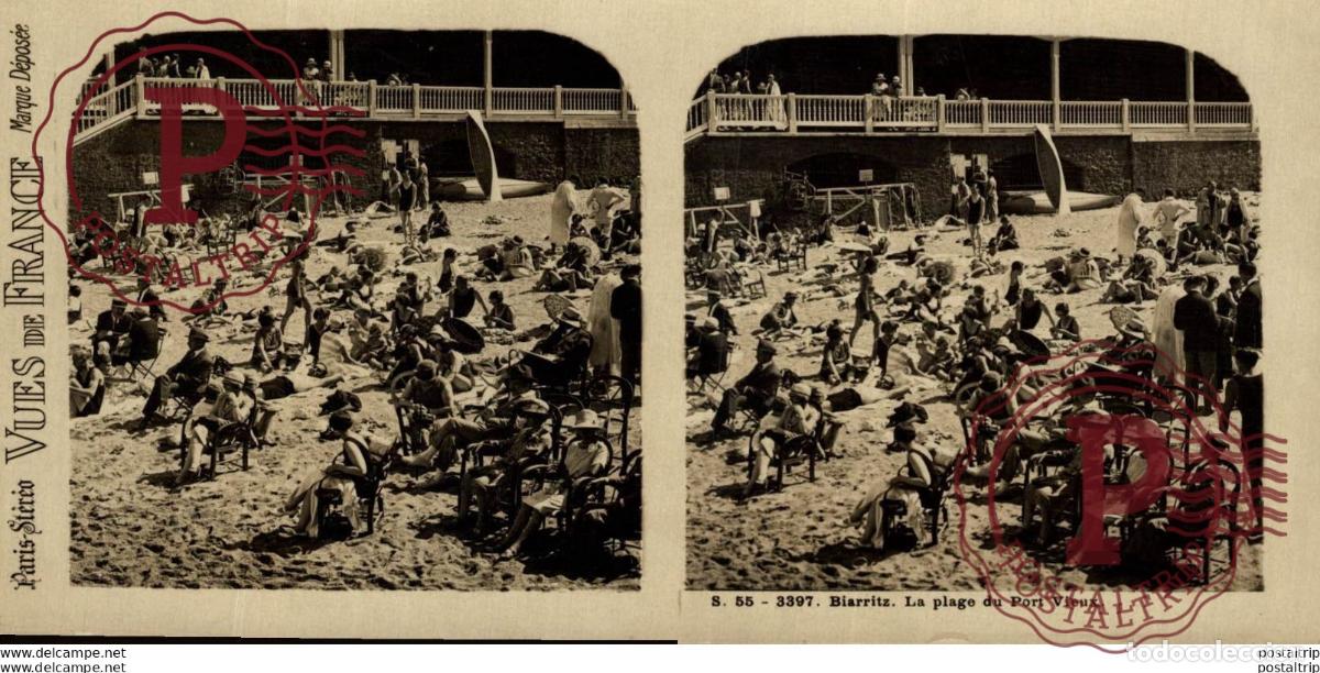 Fotografia antiga: FRANCIA FRANCE. BIARRITZ LA PLAGE DU PORT VIEUX. -ESTEREOSCOPICA - ST&Eacute;R&Eacute;OSCOPIQUE - STEREOSCOPIC