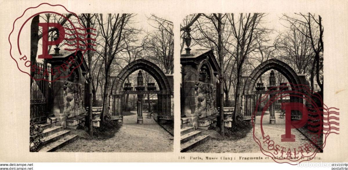 Fotografia antiga: FRANCIA FRANCE. PARIS. MUSEE CLUNY. FRAGMENTS ET RUINES DANS LE JARDIN. -ESTEREOSCOPICA - ST&Eacute;R&Eacute;OSCO