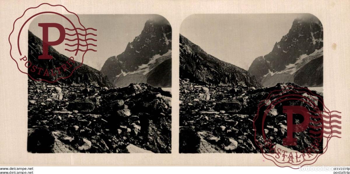 Fotografia antiga: SUIZA. SWITZERLAND. CHAMONIX. MORAINE DE LA MER DE GLACE. -ESTEREOSCOPICA - ST&Eacute;R&Eacute;OSCOPIQUE - STEREO