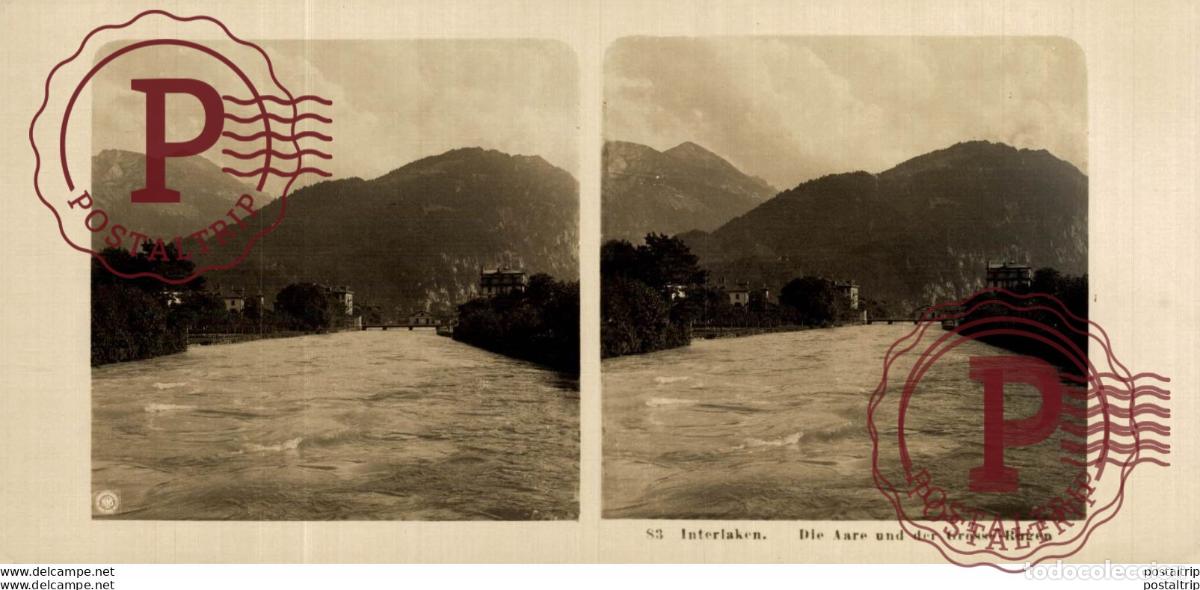 Fotografia antiga: SUIZA SWITZERLAND. INTERLAKEN. DIE AARE UND DER GROSSE RUGEN. -ESTEREOSCOPICA - ST&Eacute;R&Eacute;OSCOPIQUE - ST
