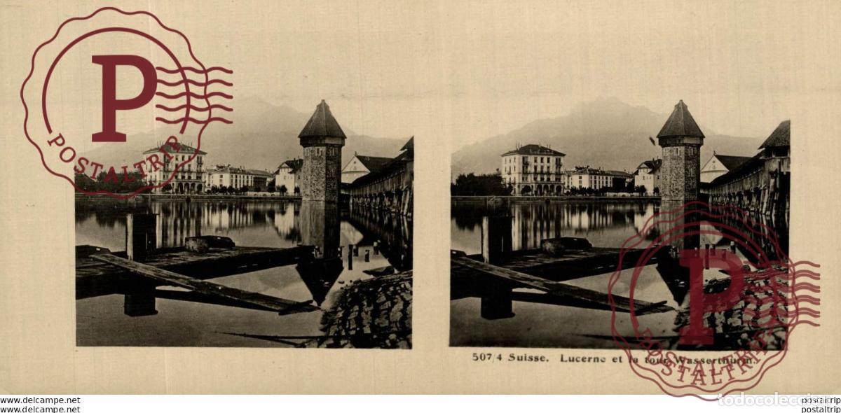 Fotografia antiga: SUIZA SUISSE. LUCERNE ET LA TOUR WASSERTHURM. -ESTEREOSCOPICA - ST&Eacute;R&Eacute;OSCOPIQUE - STEREOSCOPIC