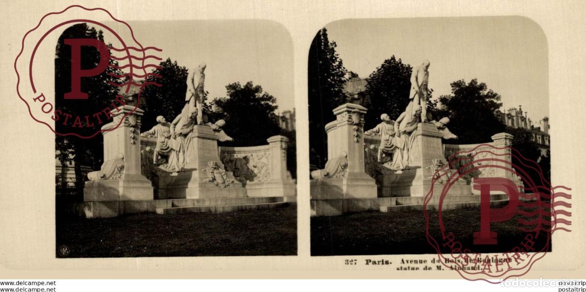 Fotograf&iacute;a antigua: 327 Paris. Avenue du Bois de Boulogne, Statue de M. Alphand. ESTEREOSCOPICA. ST&Eacute;R&Eacute;OSCOPIQUE. STEREOS