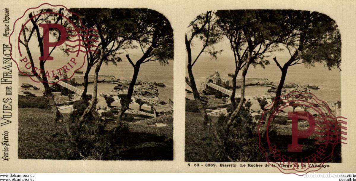 Fotografia antica: FRANCIA FRANCE. BIARRTIZ. LA ROCHER DE LA VIERGE VU DE LATTALAYE . - ESTEREOSCOPICA - ST&Eacute;R&Eacute;OSCOPIQ