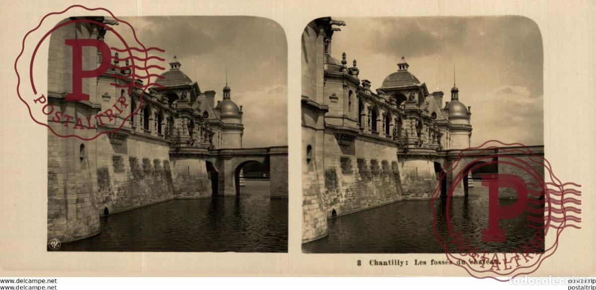 Fotografia antica: 3 Chantilly, Les foss&eacute;s du chateau. ESTEREOSCOPICA. ST&Eacute;R&Eacute;OSCOPIQUE. STEREOSCOPIC