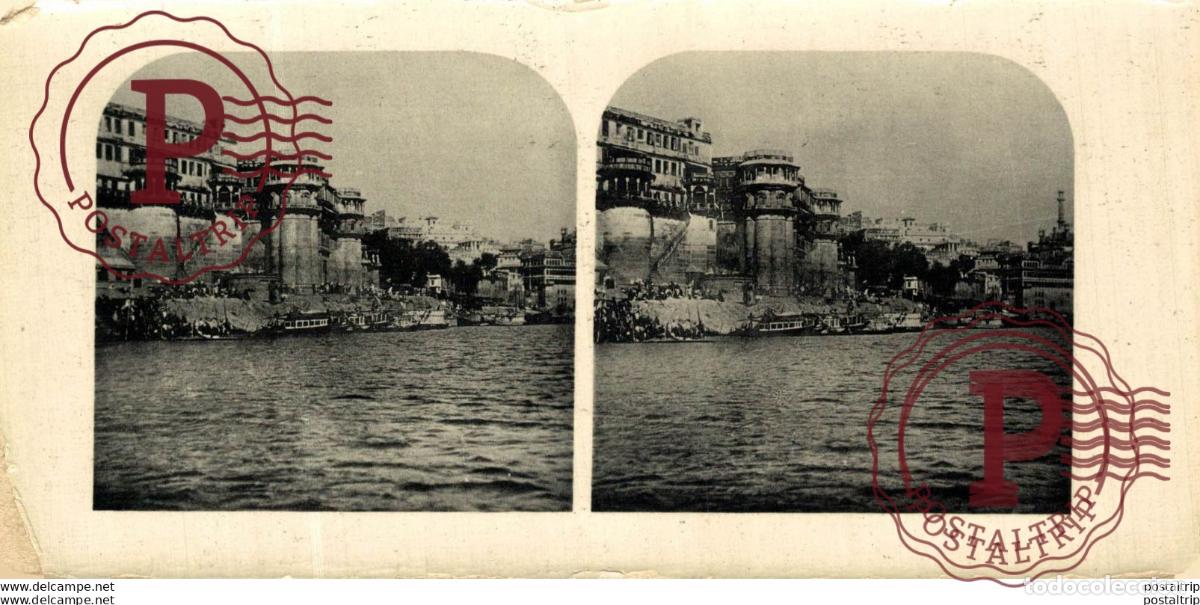 Fotografia antica: INDIA INDE. BENARES. PALEIZEN AAN DE GANGES. - ESTEREOSCOPICA - ST&Eacute;R&Eacute;OSCOPIQUE - STEREOSCOPIC
