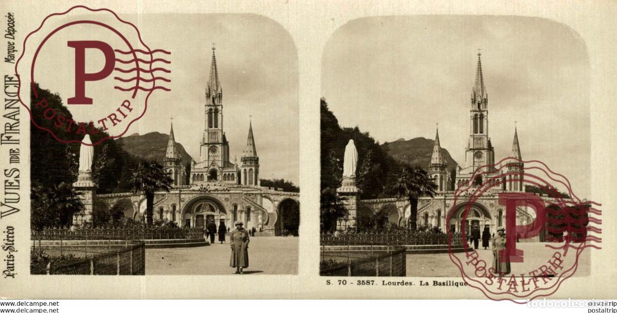 Fotografia antica: 3587 Lourdes, La Basilique. ESTEREOSCOPICA. ST&Eacute;R&Eacute;OSCOPIQUE. STEREOSCOPIC