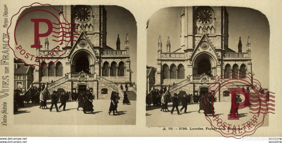 Fotografia antica: 3798 Lourdes, Fa&ccedil;ade de la Basilique. ESTEREOSCOPICA. ST&Eacute;R&Eacute;OSCOPIQUE. STEREOSCOPIC