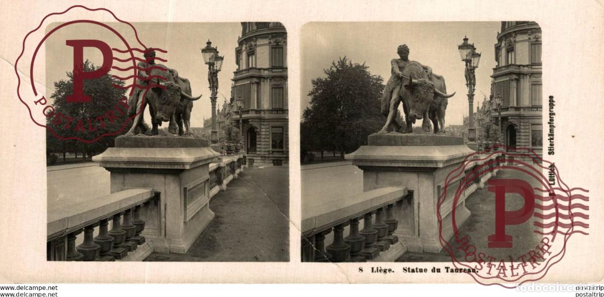 Fotografia antica: 8 Li&eacute;ge. Statue du Taureau. ESTEREOSCOPICA. ST&Eacute;R&Eacute;OSCOPIQUE. STEREOSCOPIC