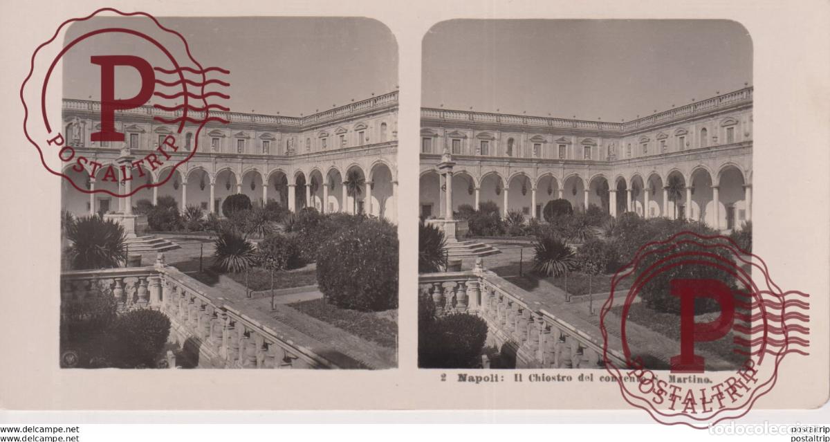 Fotograf&iacute;a antigua: 2 Napoli, Il chiostro del convento S. Martino. ESTEREOSCOPICA. ST&Eacute;R&Eacute;OSCOPIQUE. STEREOSCOPIC