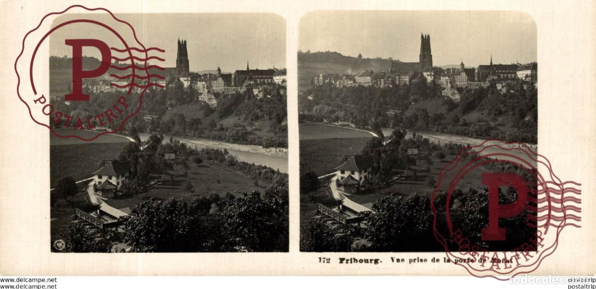 Fotograf&iacute;a antigua: SUIZA SWITZERLAND. FRIBOURG. VUE PRISE DE LA PORTE DE MORAT. -ESTEREOSCOPICA - ST&Eacute;R&Eacute;OSCOPIQUE - STE