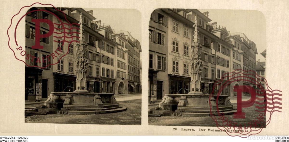 Alte Fotografie: SUIZA SWITZERLAND. LUZERN. DER WEINMARKTBRUNNEN -ESTEREOSCOPICA - ST&Eacute;R&Eacute;OSCOPIQUE - STEREOSCOPIC