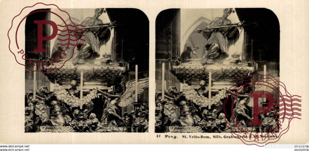Alte Fotografie: 44 Prag, St. Veits-Dom, Silb. Grabsecherein d. hl. Nepomuk. ESTEREOSCOPICA. ST&Eacute;R&Eacute;OSCOPIQUE. STEREOS