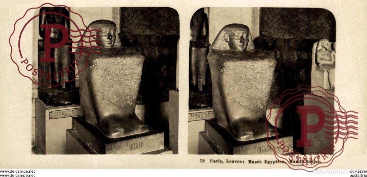 Fotograf&iacute;a antigua: 72 Paris, Louvre: Mus&eacute;e Egyptien, Momie assise. ESTEREOSCOPICA. ST&Eacute;R&Eacute;OSCOPIQUE. STEREOSCOPIC
