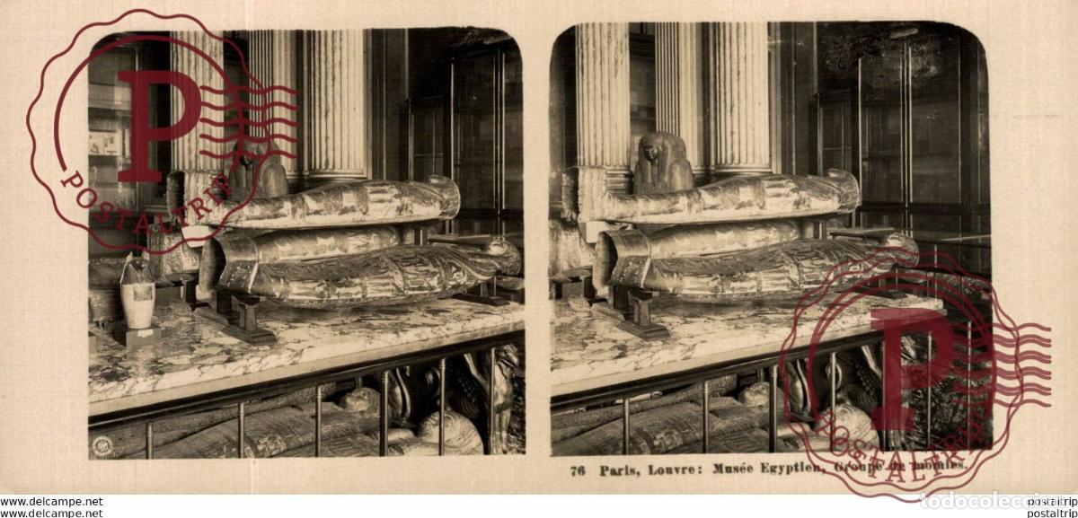 Fotograf&iacute;a antigua: 76 Paris, Louvre: Mus&eacute;e Egyptien, Groupe de momies. ESTEREOSCOPICA. ST&Eacute;R&Eacute;OSCOPIQUE. STEREOSCOPIC