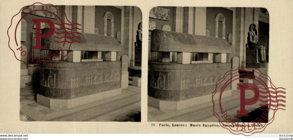 Fotograf&iacute;a antigua: 78 Paris, Louvre: Mus&eacute;e Egyptien, Sarcophage en pierre. ESTEREOSCOPICA. ST&Eacute;R&Eacute;OSCOPIQUE. STEREOSCOPI