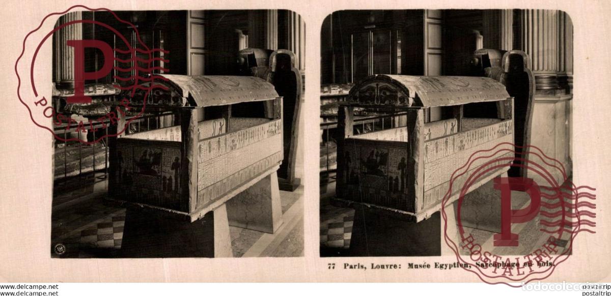 Fotograf&iacute;a antigua: 78 Paris, Louvre: Mus&eacute;e Egyptien, Sarcophage en bois. ESTEREOSCOPICA. ST&Eacute;R&Eacute;OSCOPIQUE. STEREOSCOPIC