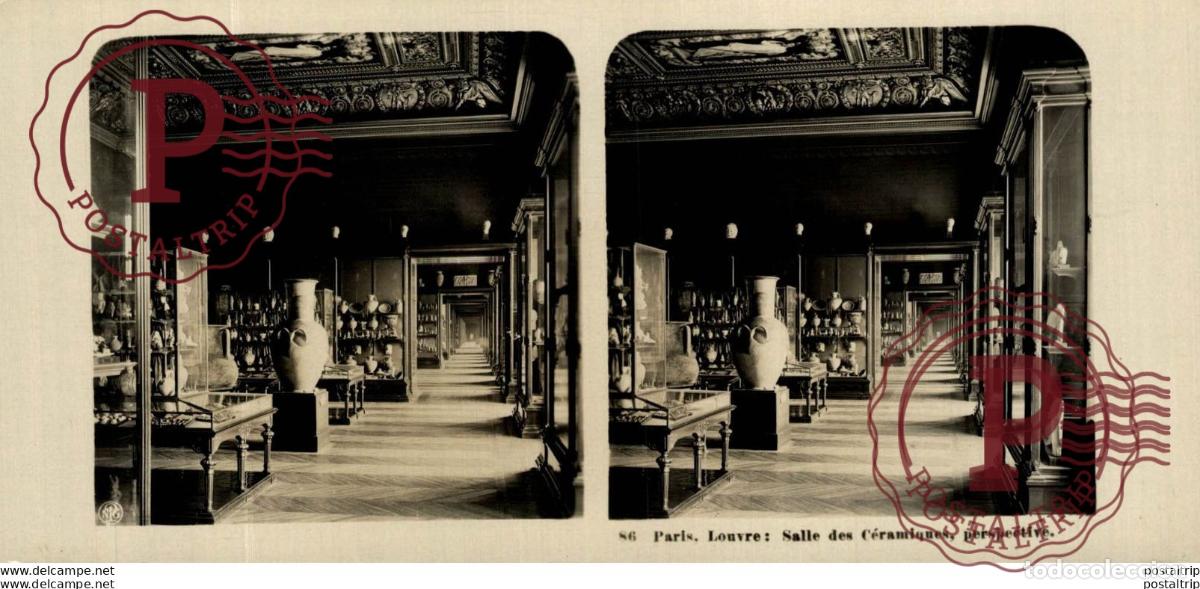 Fotograf&iacute;a antigua: 86 Paris, Louvre: Salle des C&eacute;ramique perspective. ESTEREOSCOPICA. ST&Eacute;R&Eacute;OSCOPIQUE. STEREOSCOPIC