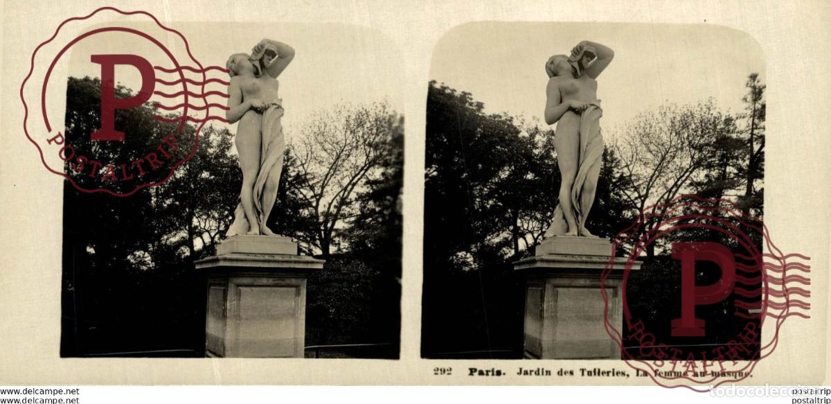 Fotograf&iacute;a antigua: 268 Paris, Jardin des Tulleries, La femme au masque. ESTEREOSCOPICA. ST&Eacute;R&Eacute;OSCOPIQUE. STEREOSCOPIC