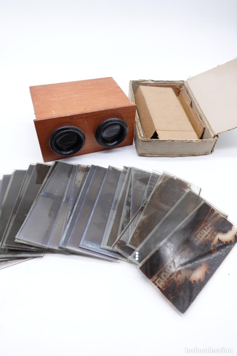 Photographie ancienne: VISOR ESTEREOSC&Oacute;PICO DE MADERA CON LOTE DE 24 PLACAS FOTOGR&Aacute;FICAS DE CRISTAL MUY ANTIGUAS FRANCIA