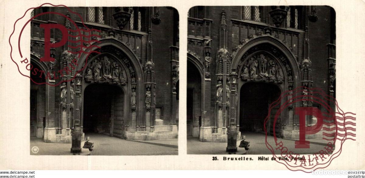 Photographie ancienne: 35 Bruxelles, H&ocirc;tel de Ville, Portail. ESTEREOSCOPICA. ST&Eacute;R&Eacute;OSCOPIQUE. STEREOSCOPIC