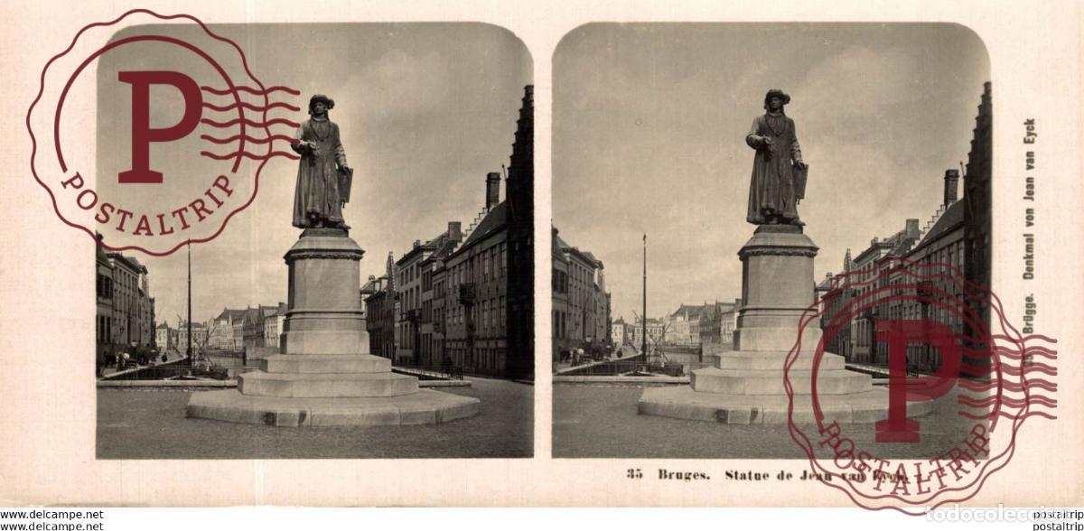 Photographie ancienne: 35 Bruxelles, Statue de Jean van Eyek. ESTEREOSCOPICA. ST&Eacute;R&Eacute;OSCOPIQUE. STEREOSCOPIC